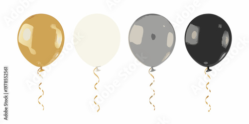 Four balloons in gold white gray and black hues are displayed
