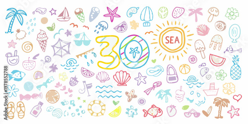 Colorful hand drawn doodles depicting a summery beach and seaside theme