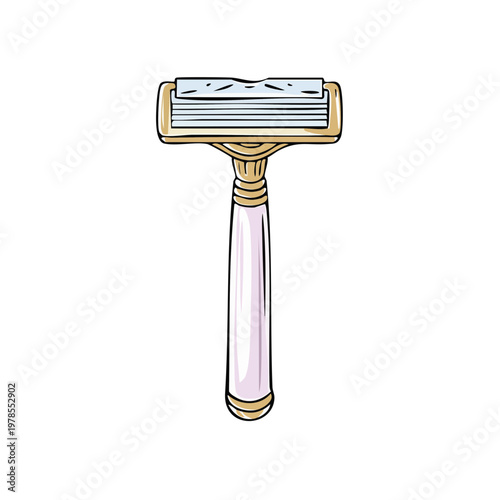 Illustration of a women's razor with a gold and pink handle and multiple blades