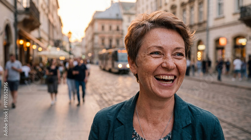 Happy mature woman with short hair smiling outdoors at sunset on a lively city street. Urban lifestyle, genuine expression, and joyful mood captured in warm evening light among people and city life.