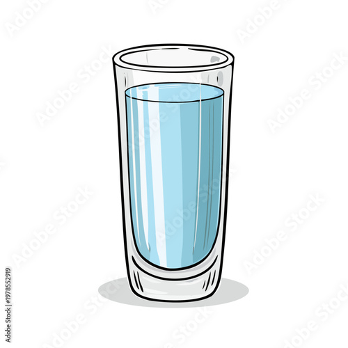 Tall glass filled with clear blue liquid and a subtle shadow on white