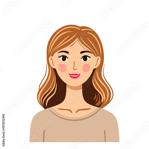 Portrait of a smiling woman with brown wavy hair and rosy cheeks wearing a beige shirt