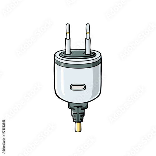 Illustration of a white European power adapter with two round pins and a USB charging port