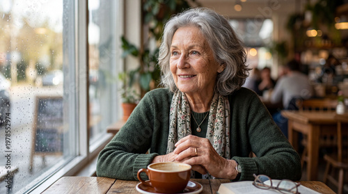 Smiling elderly woman with gray hair enjoys coffee by a rainy window in a cozy cafe. She looks thoughtful and happy, radiating warmth and wisdom in a relaxed atmosphere with a book beside her.
