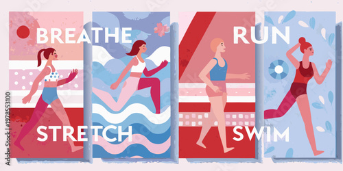 Four illustrated panels depicting women engaging in fitness activities