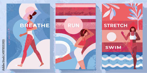 Colorful illustrations depict women engaging in fitness activities breathe run stretch swim