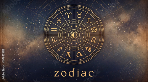 A cosmic zodiac circle with symbols of all the zodiac signs against a colorful night sky. The signs of the zodiac, a mystical illustration steeped in ancient atmosphere.