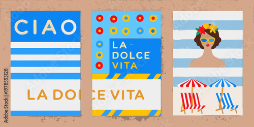 Colorful illustrations depicting italian summer themes with text and beach scenes