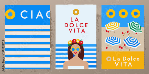 Colorful triptych featuring italian phrases beach umbrellas and summer motifs