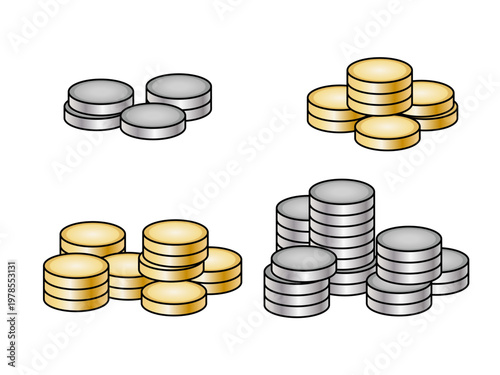 Gold and silver coin stacks set with metallic gradient.
