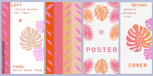 Abstract poster designs featuring monstera leaves and geometric patterns
