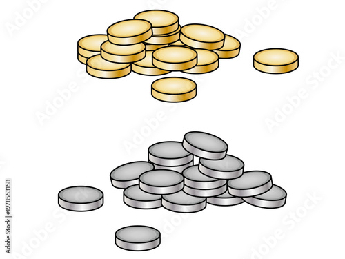 Scattered gold and silver coins pile vector illustration.