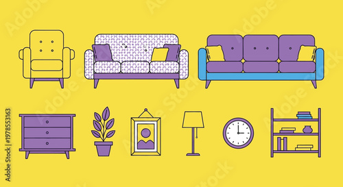 A colorful collection of modern furniture including sofas chairs dressers and decorative items