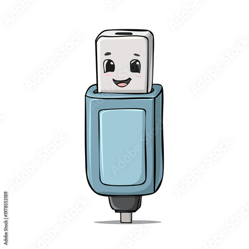 Cute cartoon USB flash drive character with a smiling face and light blue casing, representing data storage and technology.