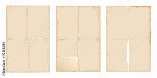 Three aged rectangular paper sheets with worn textures and neutral tones