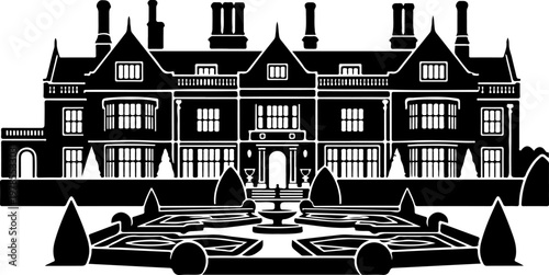 Grand English manor house silhouette vector illustration