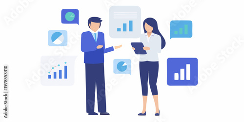 Business professionals discussing data analysis and strategy illustrated in a flat design