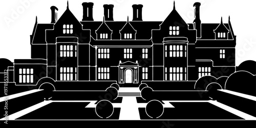 Grand English manor house silhouette vector illustration