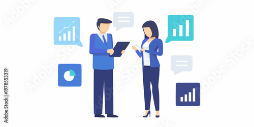 Business professionals discussing data analysis and strategies with visual charts