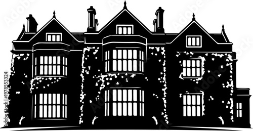 Grand English manor house silhouette vector illustration