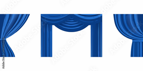 Three views of a royal blue draped doorway or stage curtain