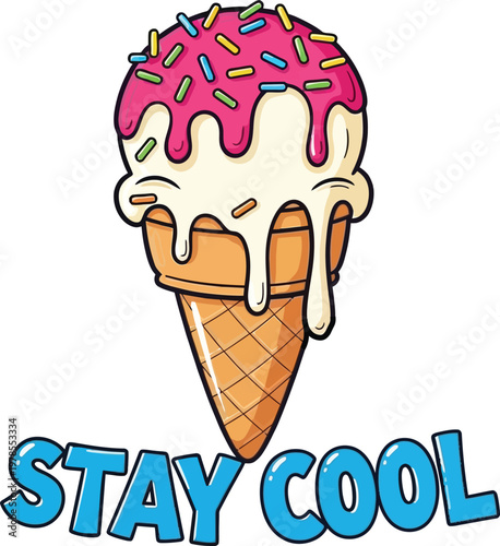 Title watercolor ice cream cone with 'stay cool' text illustration description a vibrant watercolor painting