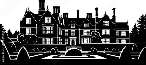 Grand English manor house silhouette vector illustration