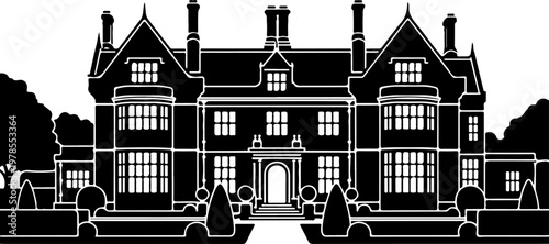 Grand English manor house silhouette vector illustration
