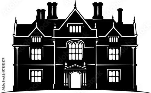 Grand English manor house silhouette vector illustration
