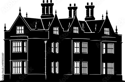 Grand English manor house silhouette vector illustration