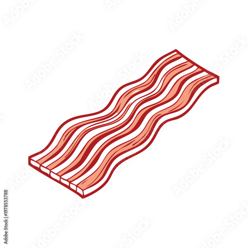 Strip of savory bacon with wavy red and white fat and meat layers