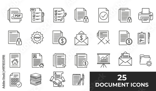 Document icons set contracts reports and legal forms in line art style