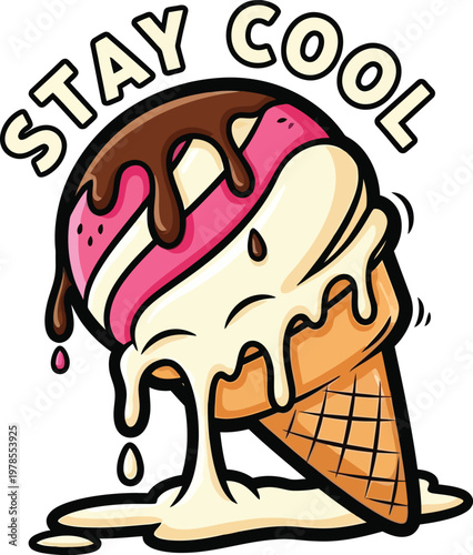 Title melting ice cream cone with 'stay cool' message colorful illustration description a vibrant illustration