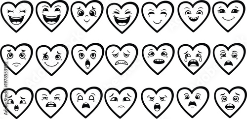 Collection of black and white heart shaped emoticons expressing various emotions