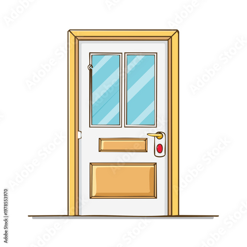Cartoon entry door with glass panels and golden trim opening to an interior space
