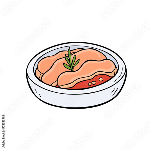 Hand-drawn illustration of a bowl of sliced cured fish with herbs and sauce