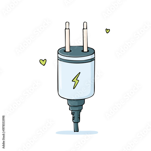 Hand Drawn Electrical Power Adapter with Lightning Bolt Symbol and Heart Accents