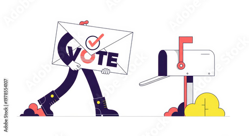 A stylized personified mail envelope with the word vote walking towards a residential mailbox to submit an absentee ballot for election