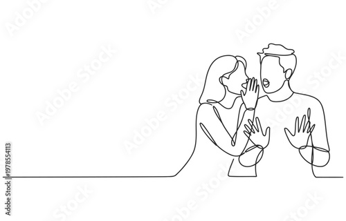 Man reacts with surprise as woman shares secret in line art one line white background telling a secret sharing shocked reaction surprise communication information illustration