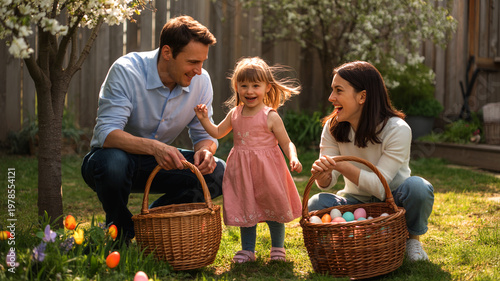 Family Easter egg hunt photo, parents and child with baskets in garden, spring holiday celebration background
