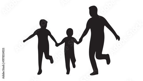 Black silhouette of a man and two children jogging together. Concept of fatherhood, parenting, and healthy lifestyle.