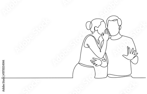 Woman whispers secret into man's ear with line art style one line white background telling a secret sharing hushed tones intimate moment communication information illustration
