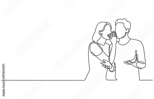 Woman shares a secret with a man in line drawing line art one white background telling secret sharing whispering ear private conversation communication information sketched