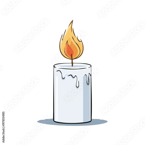 A tall white pillar candle with a bright orange and yellow flame is lit, its wax dripping down the sides, on a simple light gray surface.