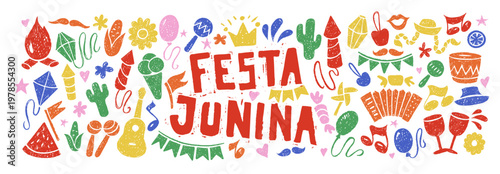 Festa Junina carnival icons with crayon texture. Music party set with accordion, guitar, bonfire, drum and lantern drawn with black chalk, vector illustration