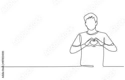 Continuous line drawing of a man forming a heart shape with his hands continuous illustration minimalist background friendship appreciation gratitude positive wellbeing together connection