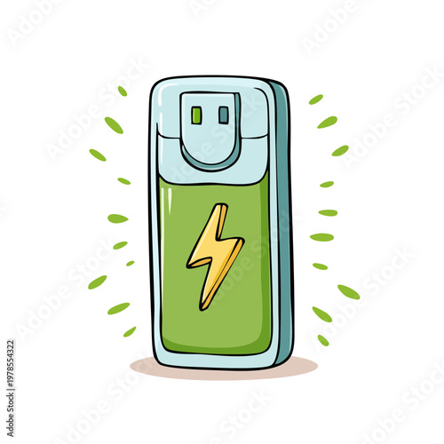 Hand-drawn illustration of a portable power bank with a lightning bolt symbol and green energy glow