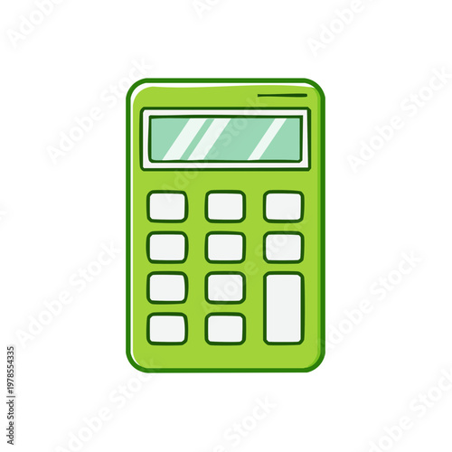 Bright green cartoon calculator with digital display and square buttons for arithmetic and financial calculations