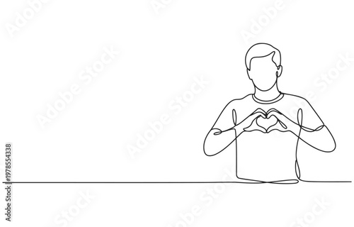Continuous line drawing of a man forming a heart shape with his hands continuous illustration minimalist background friendship appreciation gratitude positive wellbeing together connection