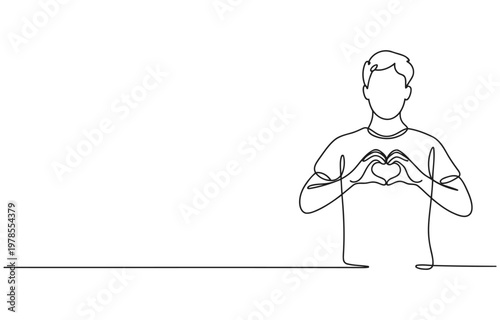 Continuous line drawing of a man forming a heart shape with his hands continuous illustration minimalist background friendship appreciation gratitude positive wellbeing together connection